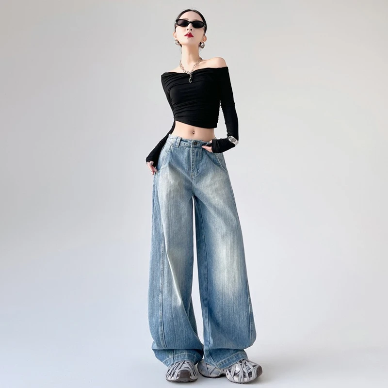 

Женские джинсы свободного кроя с изогнутыми штанинами в американском стиле ретро, утягивающие повседневные синие джинсовые брюки свободного кроя в полный рост