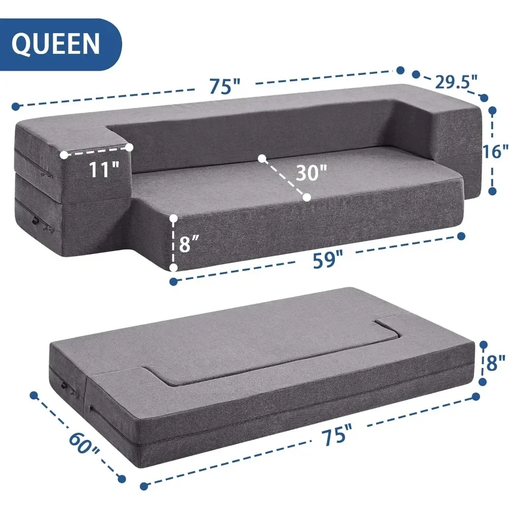 Floor Sofa Bed Futon Couch, Fold Out Couch Bed, Queen Size 8 Inch Memory Foam Folding Sofa Bed Couch, Grey