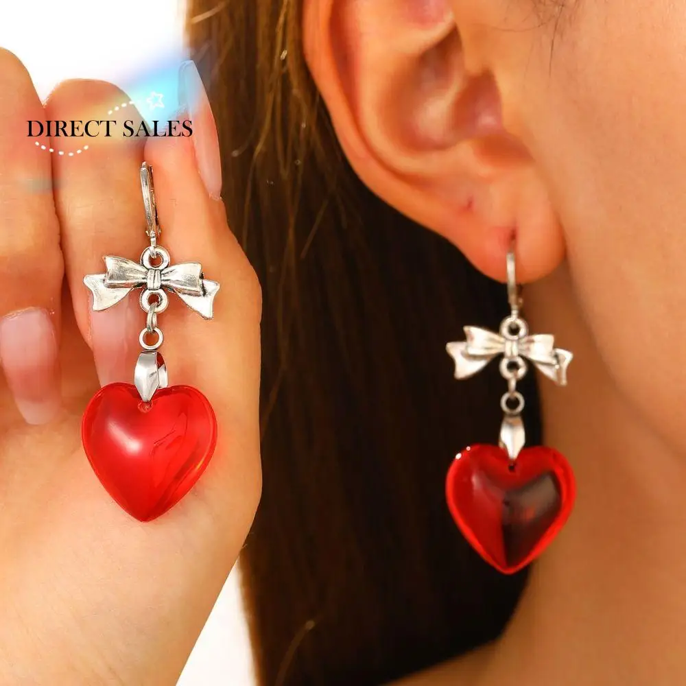 Bow Tie Love Heart Hoop Earring Y2K Korean Style Love Heart Ear Charms Transparent Red Pink Gothic Heart Shaped Earrings Girls