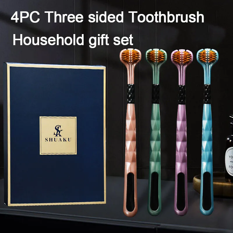 

4PC Adults Orthodontic Three Sided toothbrush Soft Bristles Family Gift Box Set Tongue Coating Cleaning Three Head Toothbrush