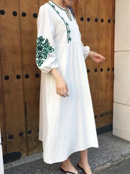 Jastie Boho Floral Embroidery Chic Dress Women Spring Lantern Sleeve Loose Waist Casual Vestidos Cotton Vintage Holiday Dresses