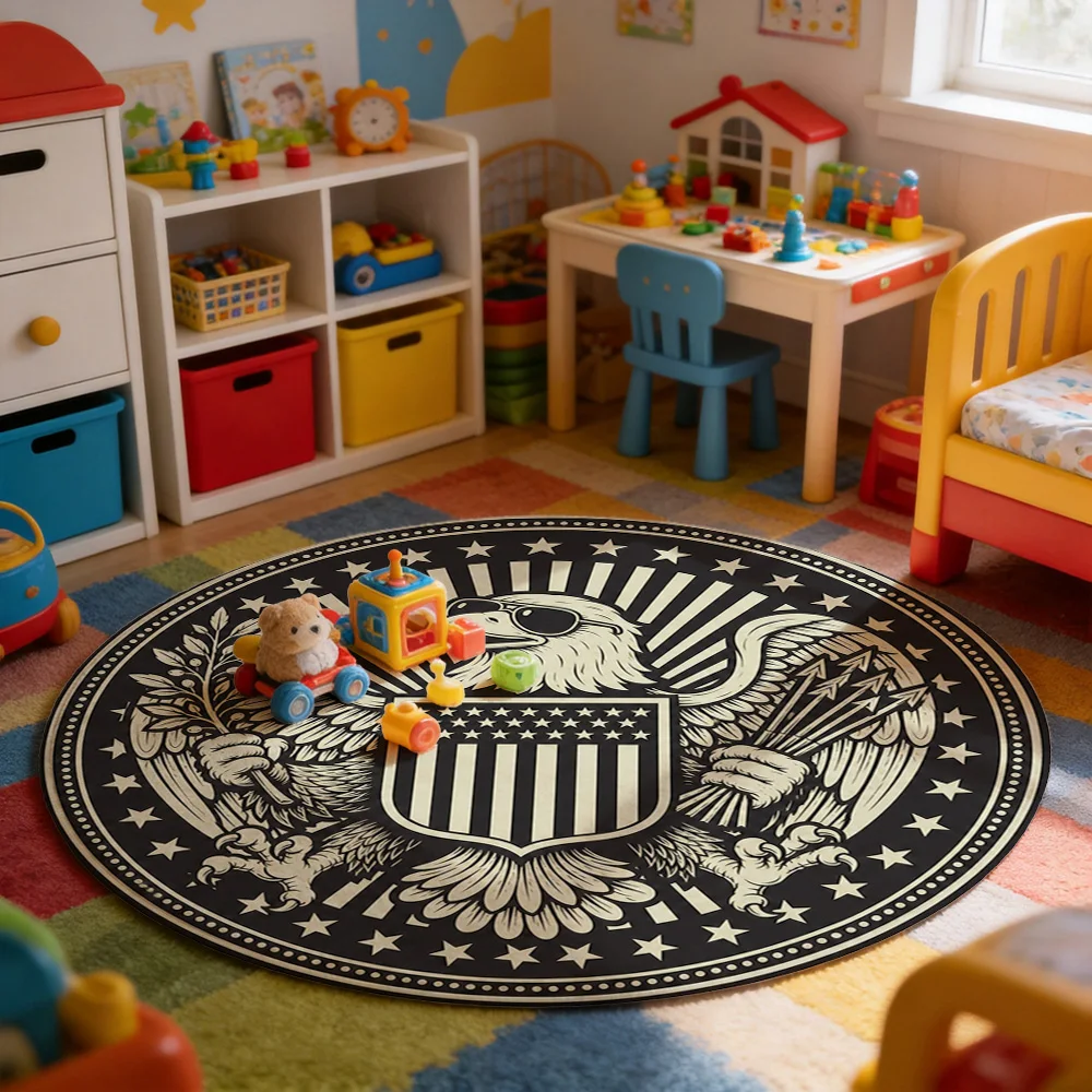 Vintage American Eagle Crest Round Area Rug Patriotic Stars Shield Design Entrance Mat for Home Decor