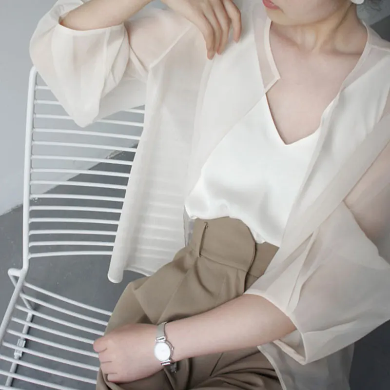 Women Summer Sun-proof Cardigan Through Fashion Sunscreen Thin Shawl Perspective Long Sleeve Blouse Chiffon Organza Coat