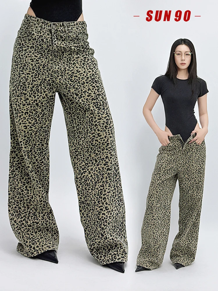 

American Sle Streetwear Vintage Leopard Print Loose Straight Leg Casual Floor-Length Jeans Women's Denim Pants Wide Leg