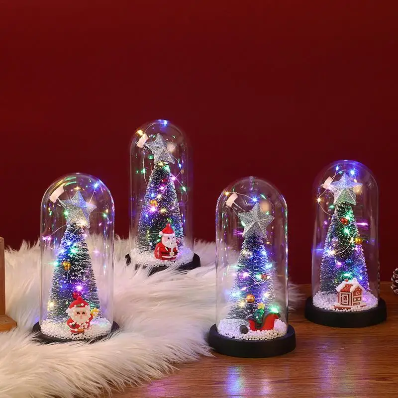 Mini Christmas Decorations Nightligt Miniature Christmas Tree In Plastic Dome With LED Lights Living Room Tabletop Decoration