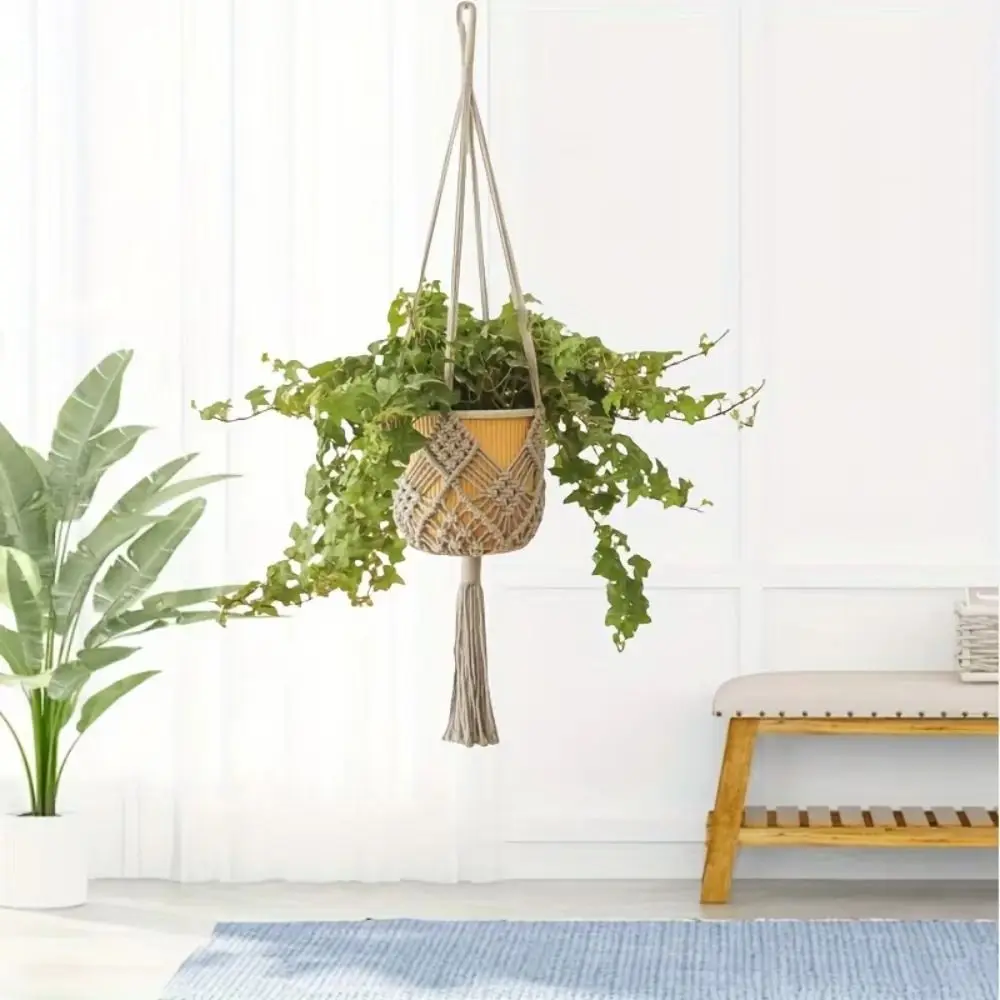 New Boho Plant Hanger Cotton Rope Woven Macrame Hanging Basket with Net Pouch Flower Pot for Indoor Outdoor Hanging Succulents