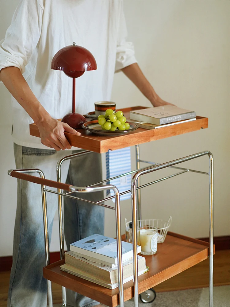 French style solid wood cherry colored cart, retro mobile sofa edge table,antique dining lathe head storage rack