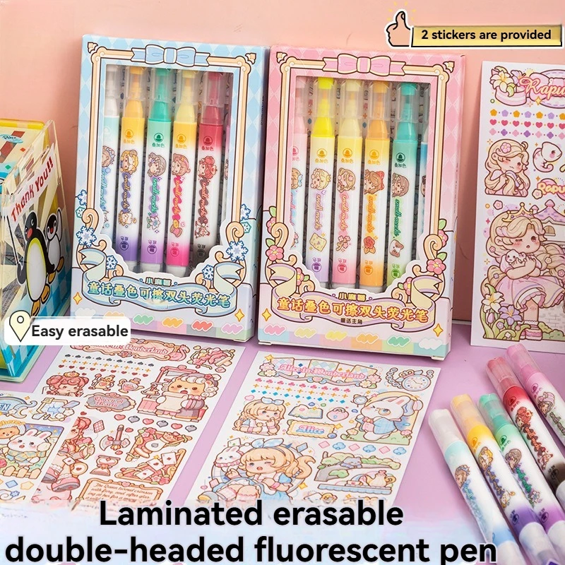 

6PC Highlighter Pen With High Aesthetic Value And Gradient Dopamine Eye Protection Color Dual Head Erasable Hand Account Fluores