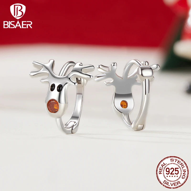 BISAER 925 Sterling Silver Reindeer Hoop Earrings Enamel Process Stud Earrings Plated White Gold for Women Party Fine Jewelry