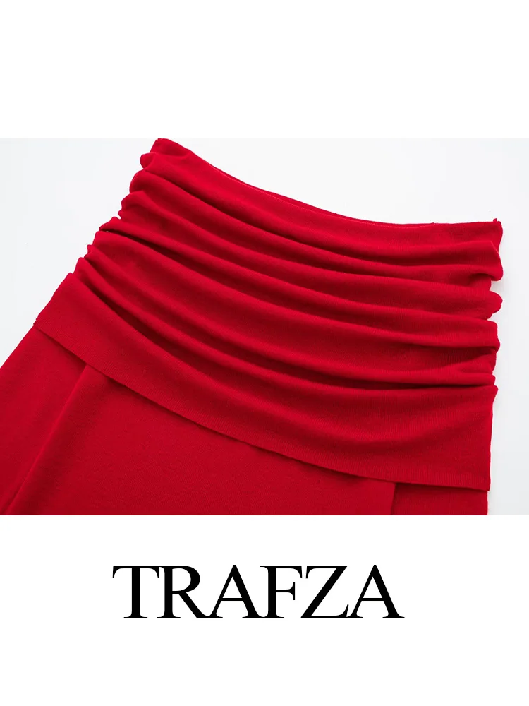 TRAFZA Atasan Berlipat Bahu Terbuka Kualitas Tinggi Lengan Panjang Serbaguna Fashion Baru Wanita Atasan Rajutan Solid Ramping Elegan Wanita 2 Warna