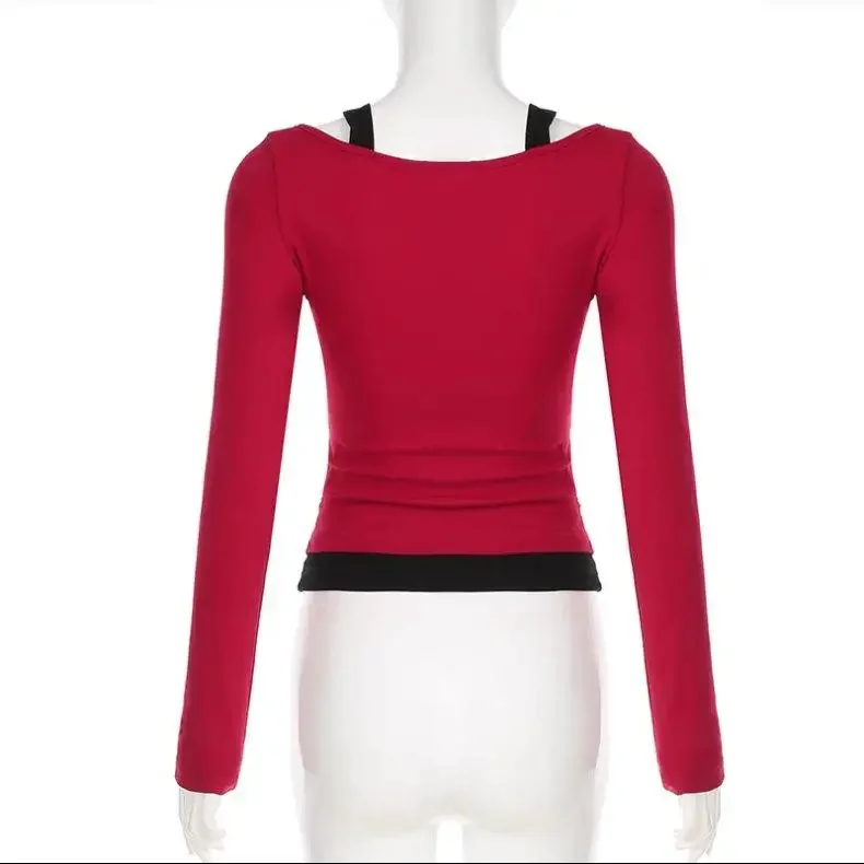 Wiosna Jesień Casual Slim Lace Splicing Crop Tops Kobiecy krótki top Sexy Color Block Fake Dwuczęściowa koszulka z długim rękawem dla kobiet