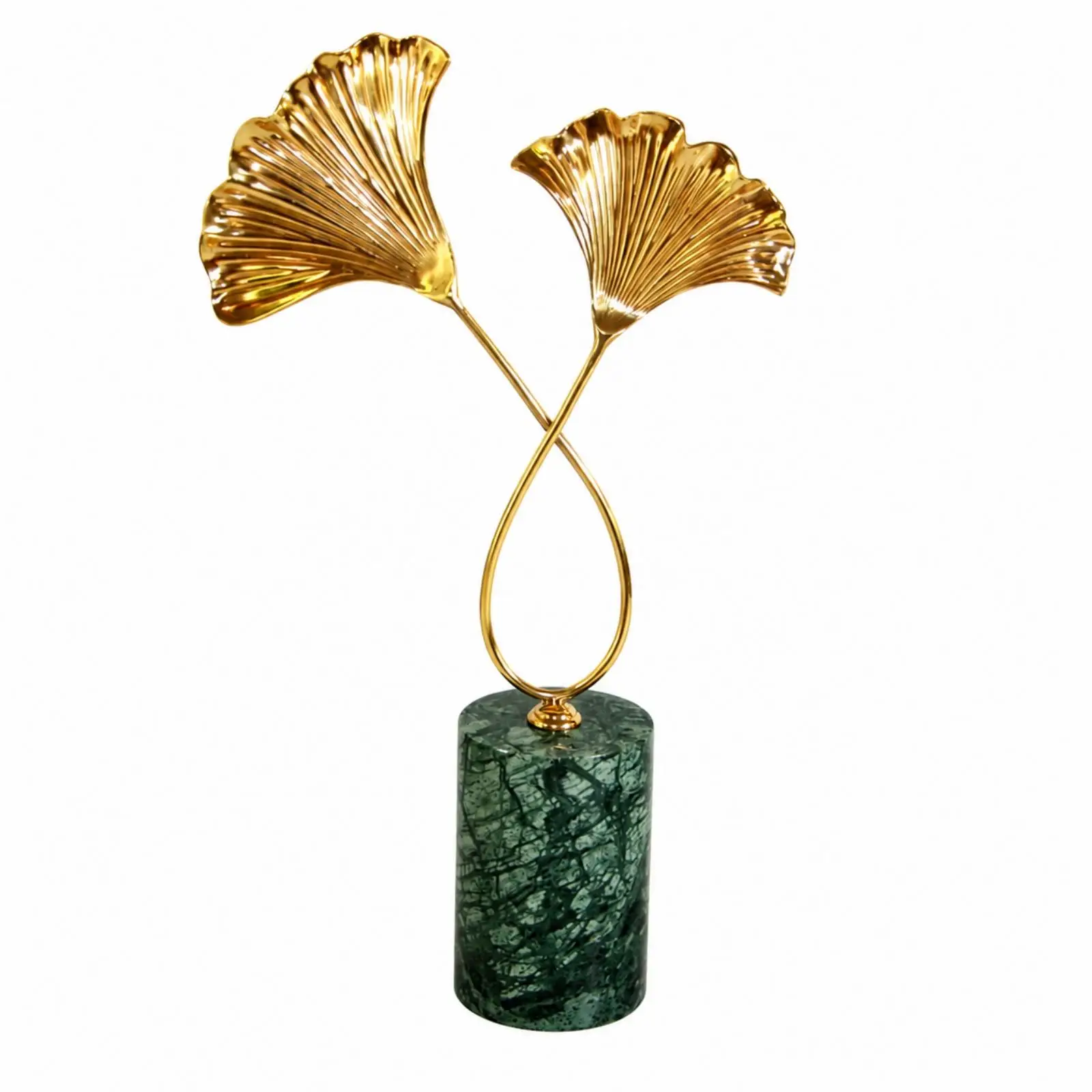 Ginkgo Leaf Ornament with Marble Base | Modern Chinese Style, Gold-Toned, Metal Leaf Tabletop Ornament, for Living Room