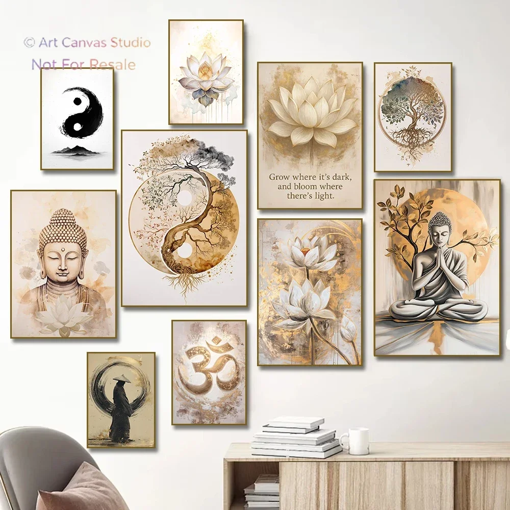 Boho Tree of Life, Buddha and Lotus Flower Enso Zen Poster Canvas Painting Print Wall Art Living Room Home Meditation Decorat