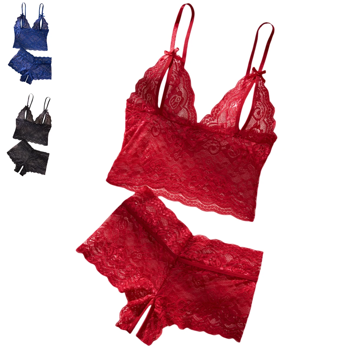 Lace Trim Cami - Red Lace Bralette And Cami Set
