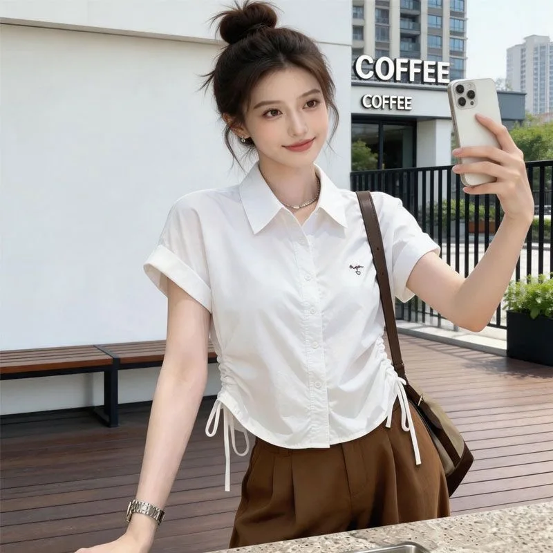 White Sweet Spicy Girl Short Sleeve Shirt Women's Summer New Style Loose Drawstring  Collar Slimming Blouse Breathable Po...