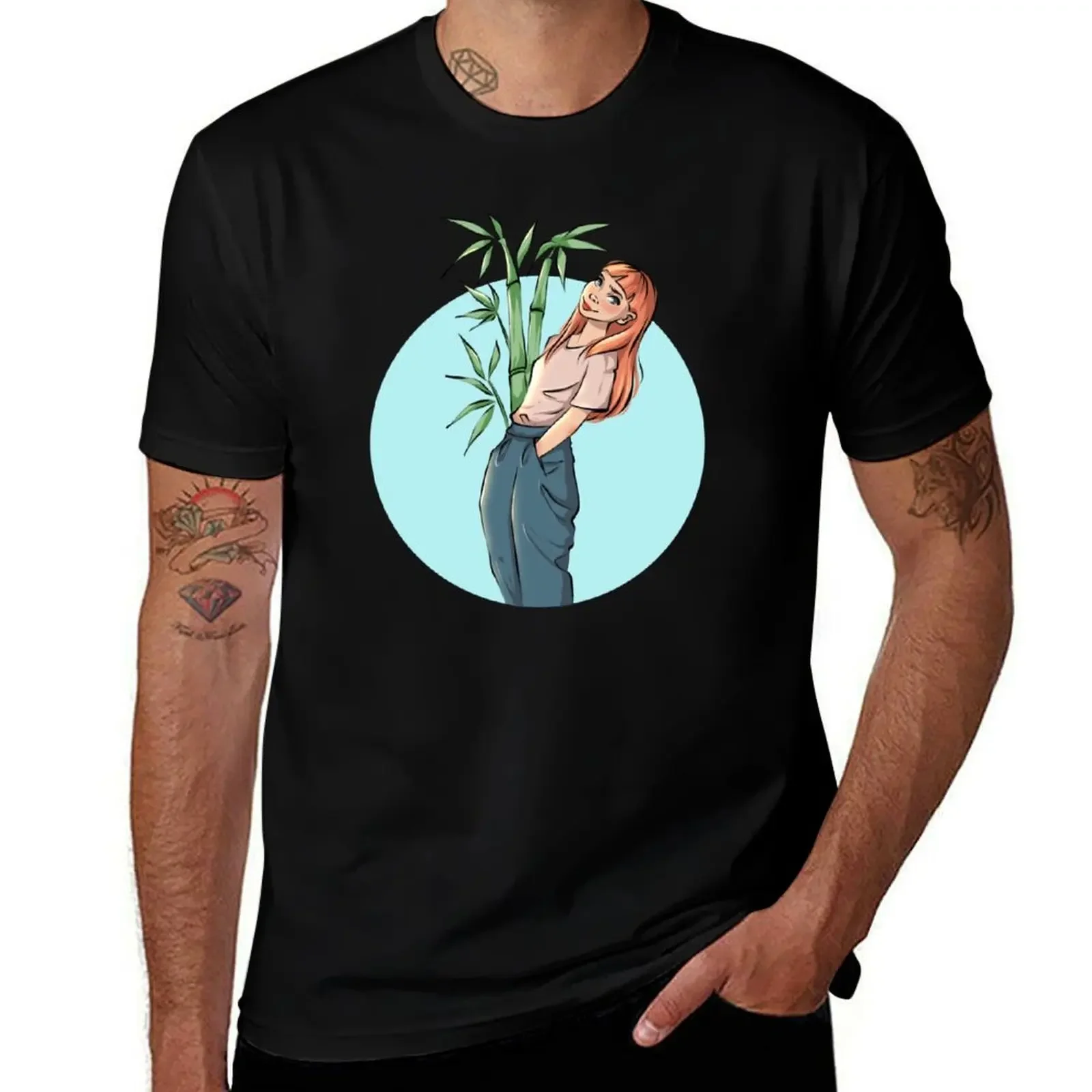 

Cute red-haired girl with green bamboo T-Shirt vintage graphic tee rapper graphic tees anime tshirt mens shirts graphic tee