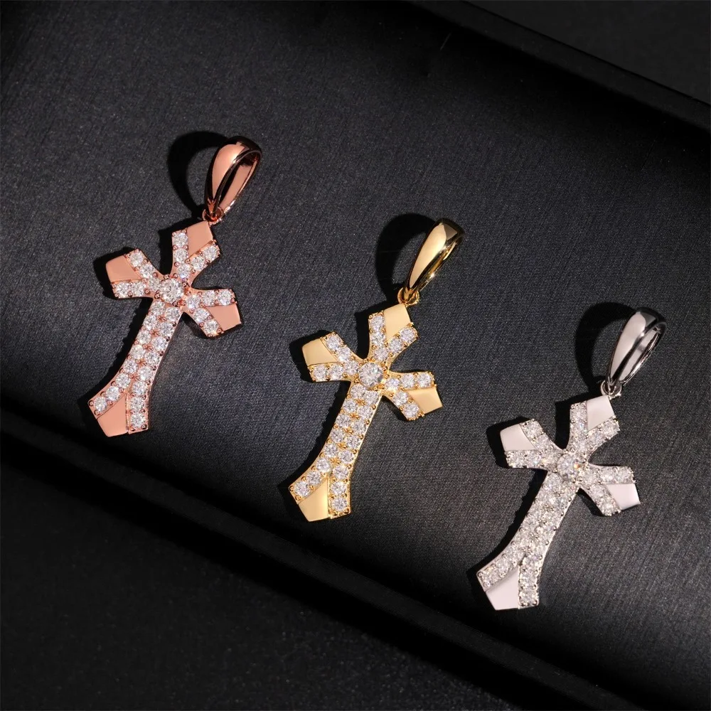 Hiphop Iced D Color Moissanite Cross Pendant 925 Sterling Silver Rock Men Jewelry Diamond Religious Pendant Necklace Pass Test