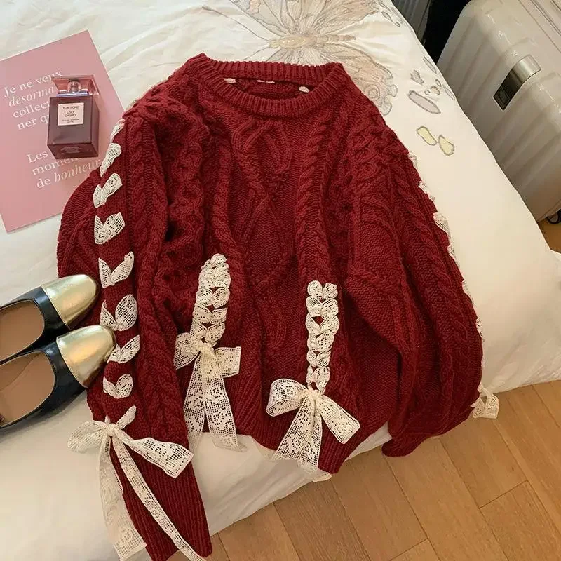 Red Twist Strap Sweater for Women 2025 Spring and Autumn Winter Christmas Sweet Bow Knitting Pullover Oversize Women Pull Femme