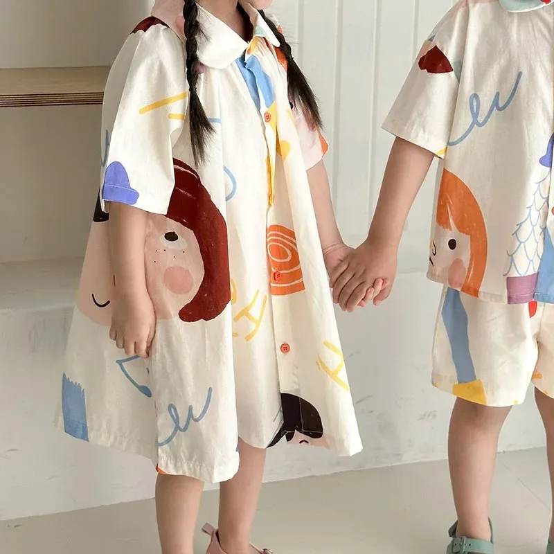 Loose Fit Summer Kids Clothes Set Girls Cute Graffiti Dress Boys Short Sleeved Shirt Children Thin Brother Sisters Outwear Suit