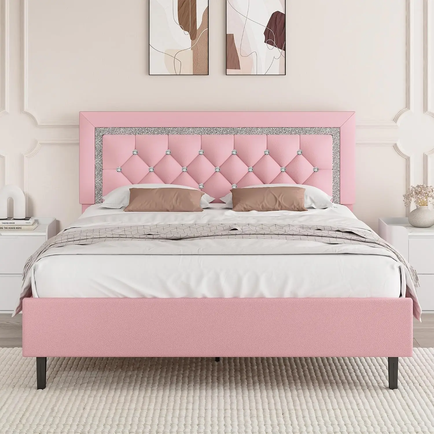 Full Size Bed Frame with Tufted Button Headboard,Pink | Upholstered Platform Bed Frame with Diamond Design, Wood, Customized