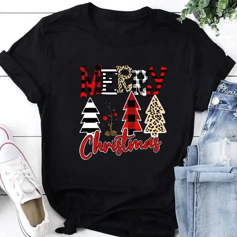 Women Tshirts Merry Christmas Tree Print Red Top Femal New Clothing Short Sleeve Fashion Harajuku Kawaii T-shirt Y2K Clothing