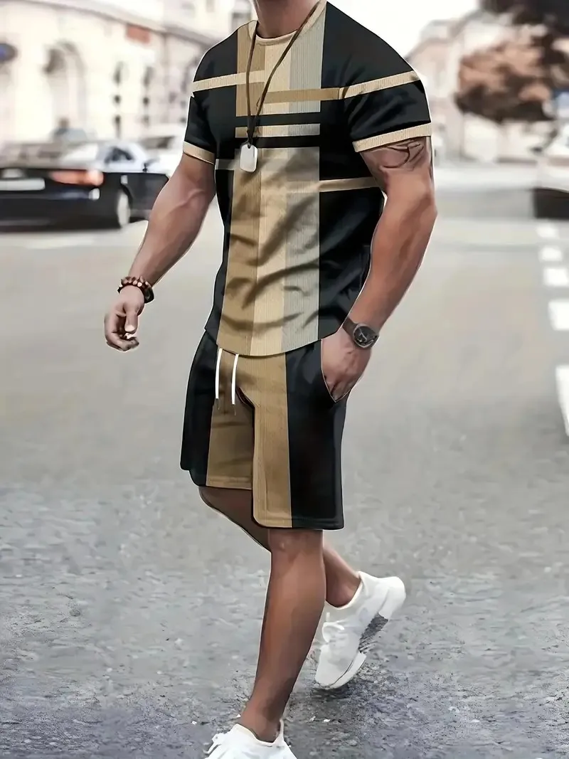 

Летний бестселлер 2025 года, мужской комплект, повседневная модная удобная мягкая дышащая уличная мужская одежда в полоску с принтом