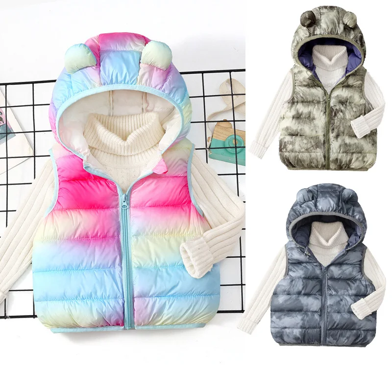Baby Boys Girls Down Vest New Kids Winter Warm Printed Waistcoat Kids Ears Hooded Outerwear Children Autumn Tie Dye Clothing