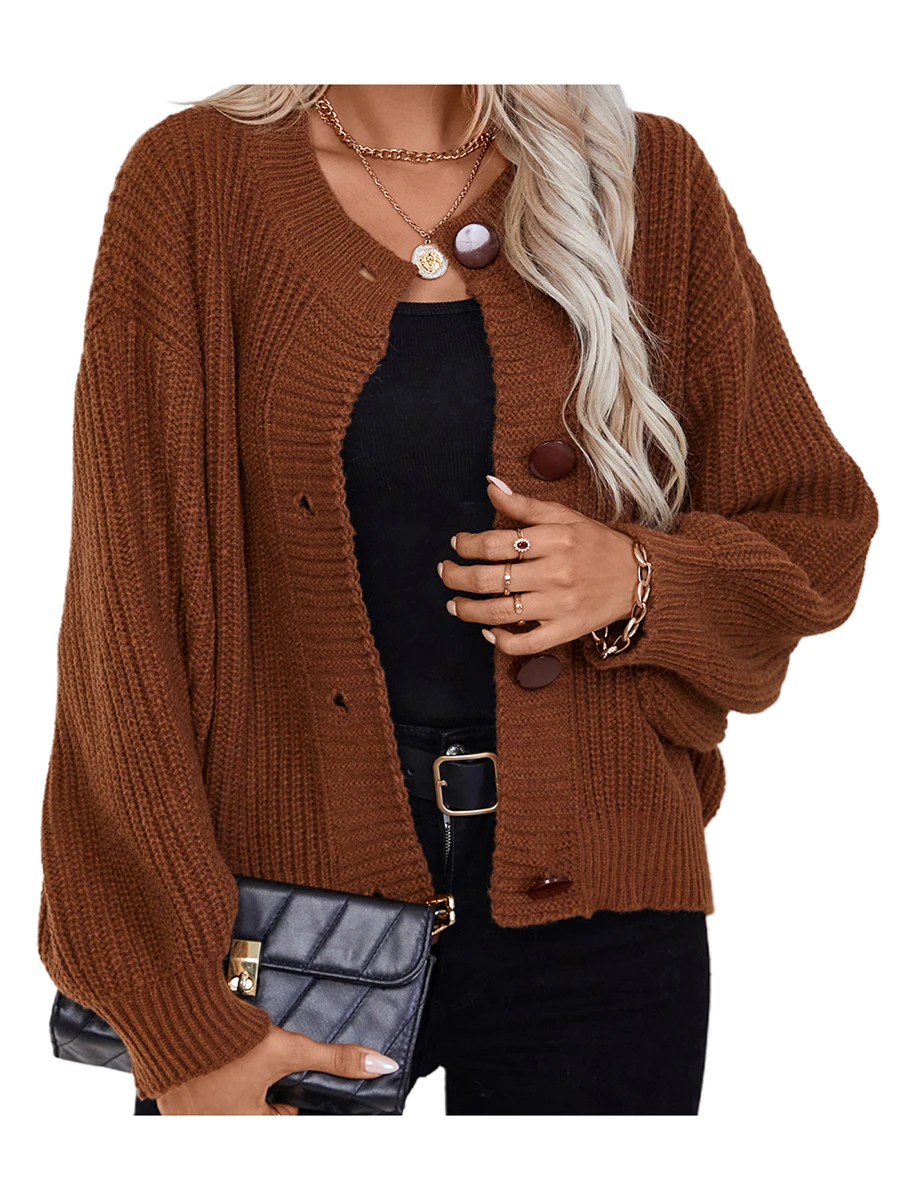 Damen Button-Down-Strickjacke einfarbig gerippt Langarm Pullover mit Rundhals ausschnitt und lockerem Mantel für den Herbst Winter