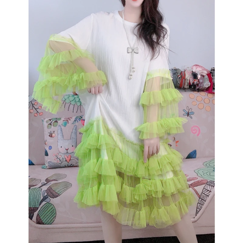 Summer Color Contrast Mesh Spliced Lace Pleated T-Shirts Multi Layered Ruffles Hem Tees Dress Fluffy Flare Sleeve Dress Vestidos