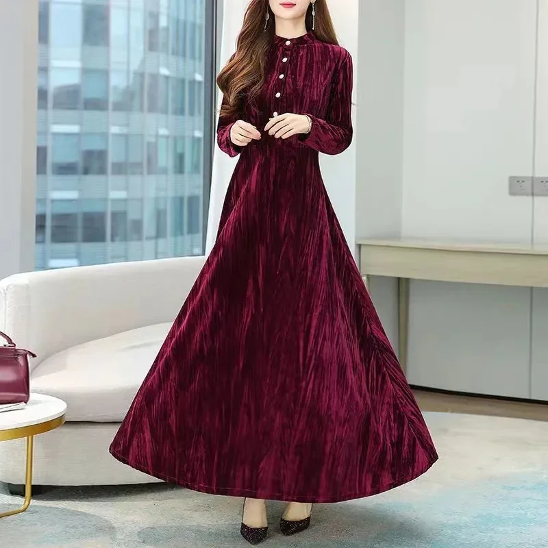 

Golden Velvet Dress Women Clothing New Long sleeved Elegant Lady Long Dress Female Evening Party Dress Vestidos XQ107