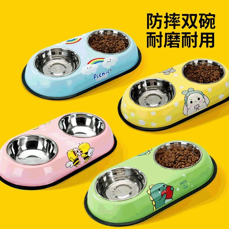 Pet Feeding Bowl Stainless Steel Lined Double Bowl Easy to Clean Bottom Non-Slip Design Dog Bowl Cat Feeding Water