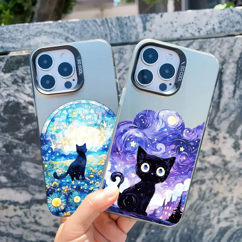 Casing ponsel iPhone 15 Pro Max, penutup Laser tahan guncangan, lukisan minyak van-gogh kucing untuk iPhone 11 12 13 Mini Pro Max 14 Pro Max Plus