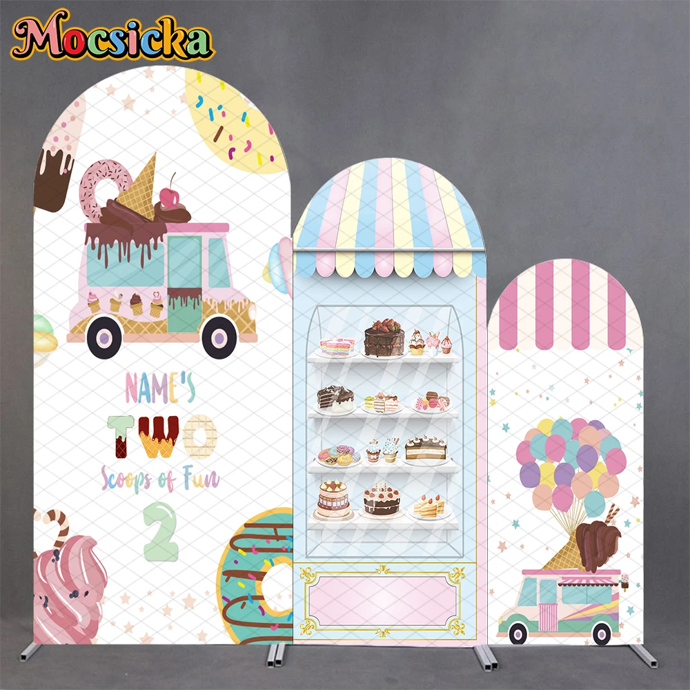 

Mocsicka Birthday Arch Backdrop Cover Custom Name Child Baby Shower Photo Arched Backgrounds Donut Ice Cream Vehicle Decorations