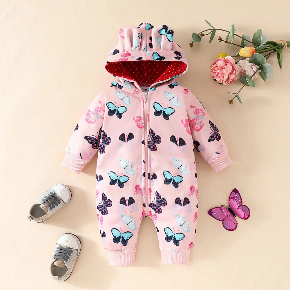 

2024 Autumn Romper for Newborn Cute Butterfly All Over Print Long Sleeve Zipper Hoodie Romper Baby Girl Outfit