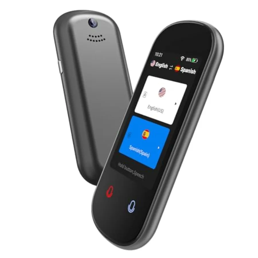 

Portable two-way AI voice translator device for business, learning, and travel; ABS plastic body in black; real-time voice, tex