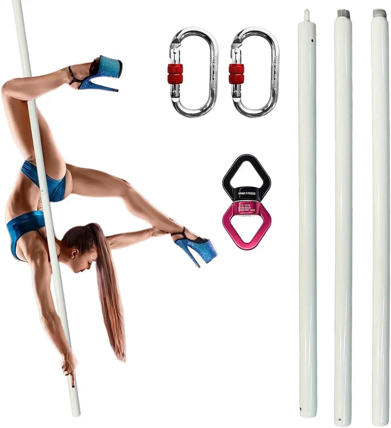 3M 45mm Aerial Flying Dance Pole Spinning Static Stripper Pole with Swivel Carabiners Set SGS CE Certified for Home Club Gym