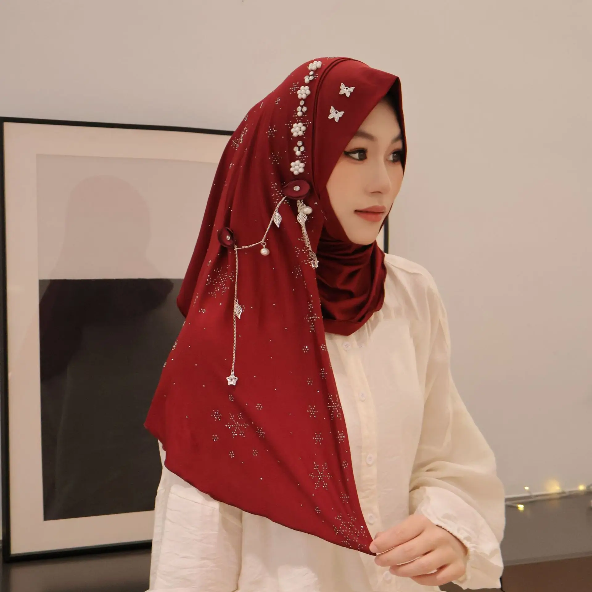 New Diamonds Snowflake Fringe Wrap Scarf Fashion Bandana Headscarf Shawl Wedding Engagement Woman Muslim Hijab Turban Amira Hat