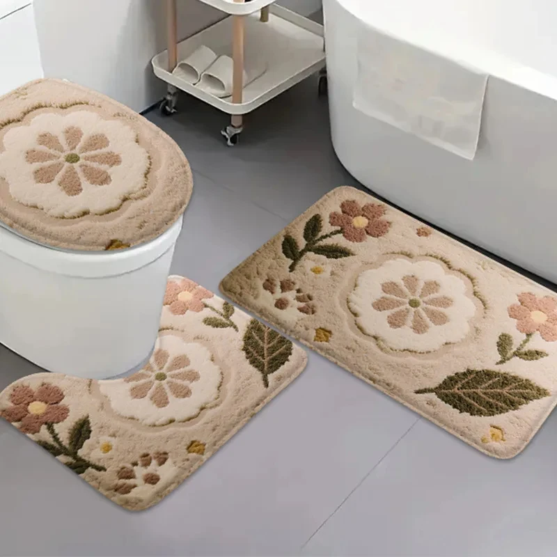 VIKAMA 3 Piece Korean Style Bathroom Rug Set U Shaped Toilet Mat Non Slip Flannel Carpet Absorbent Lid Cover Floor Mats Decor