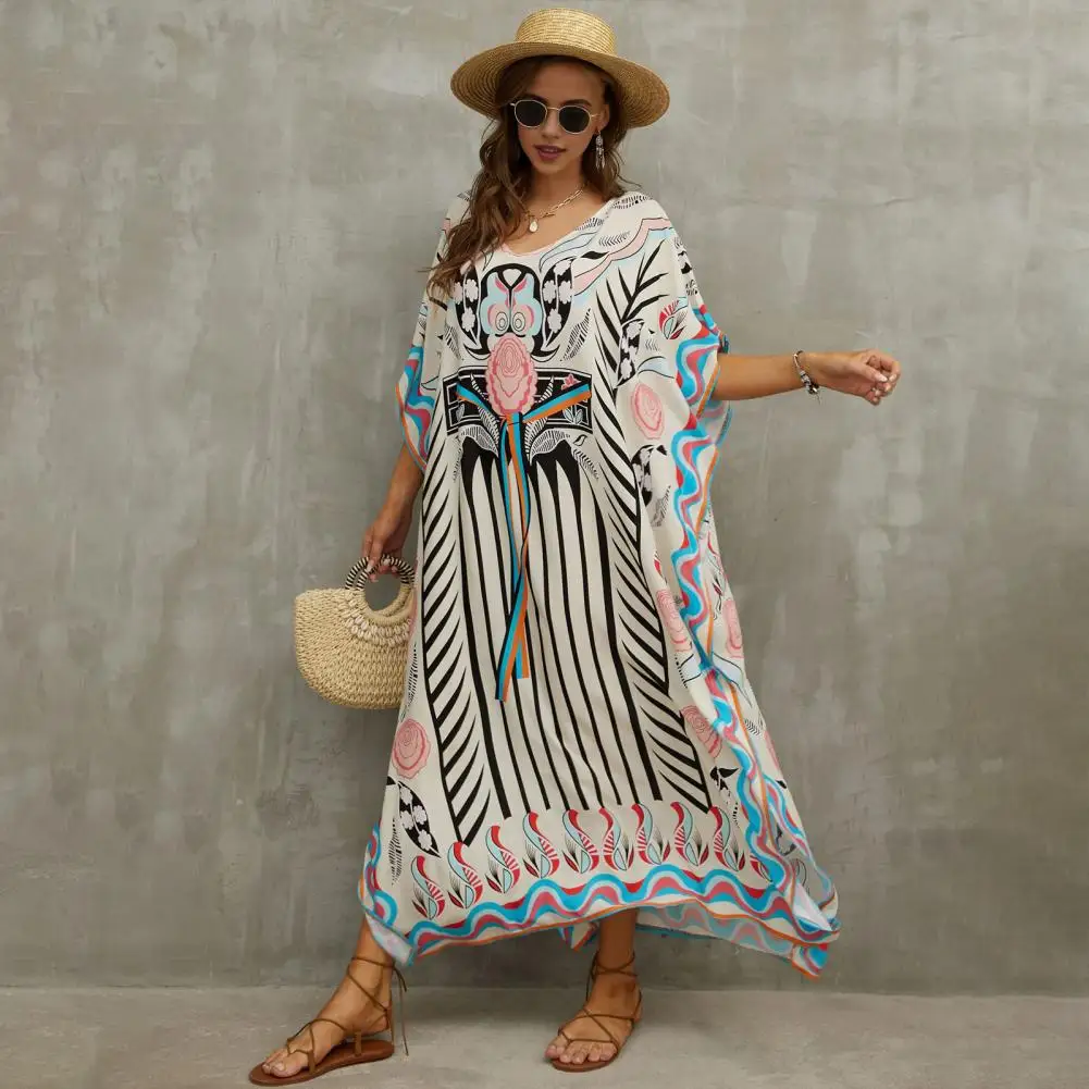 Loose Fit Strand bluse lose Resort Robe lebendige Farbe Druck Strand vertuschen Kleid V-Ausschnitt Kurzarm lose Passform für den Urlaub