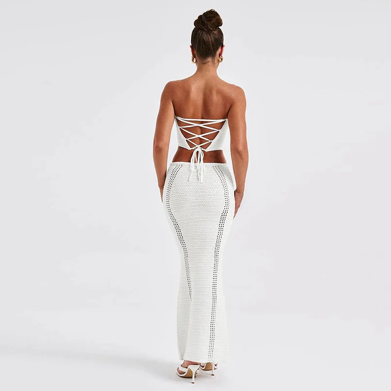 2 Piece Set 2024 Summer Sexy Lace Up Bra Vest High Waist Slim Half Skirt Bodycorn Knitted Ribbed Hollow Out Evening Maxi Dress