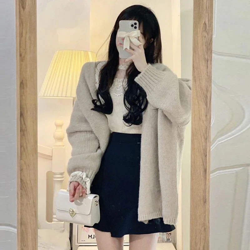 

Long Sleeve Cardigan for Women 2023 New Fashion Autumn Winter Vintage Loose Sweater Chic Casual Solid Knitted Cardigan LJ96