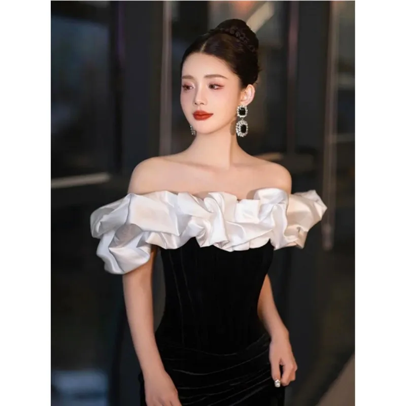 

Black And White Contrast Color Sexy Mermaid Evening Slim Birthday Party 2023 New Velvet Host Luxury Quinceanera Dresses