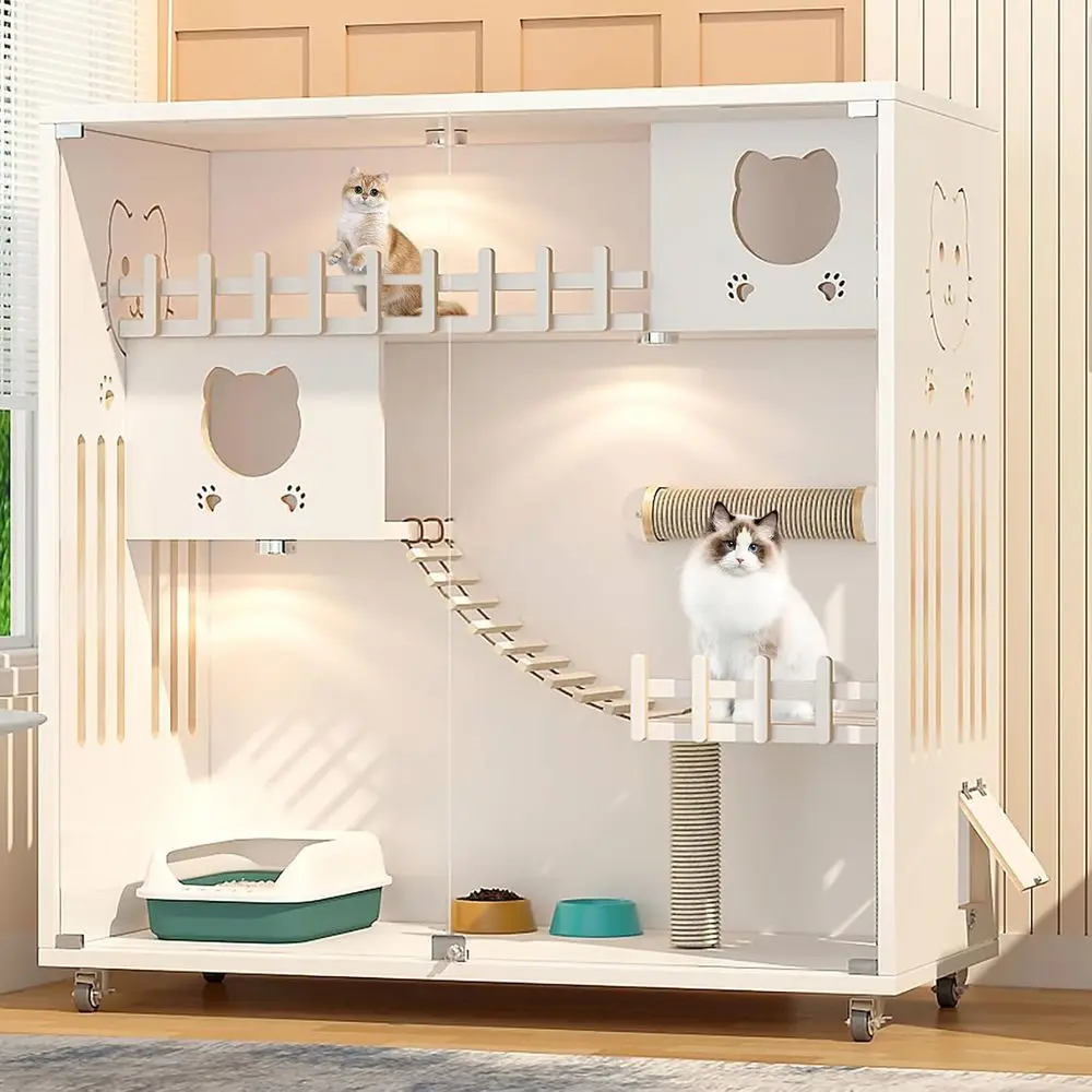 

Large Cat Cage, Wooden Cat House or Outdoor/Indoor Cats, Multi-eature Cat Condo with Scratching Posts and Wheels, Enclosed Condo