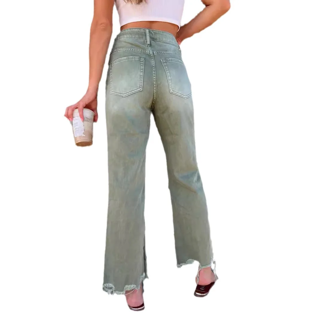 Damskie podarte jeansy casualowe, obcisłe, elastyczne, z guzikami, kieszeniami i modelującym krojem.