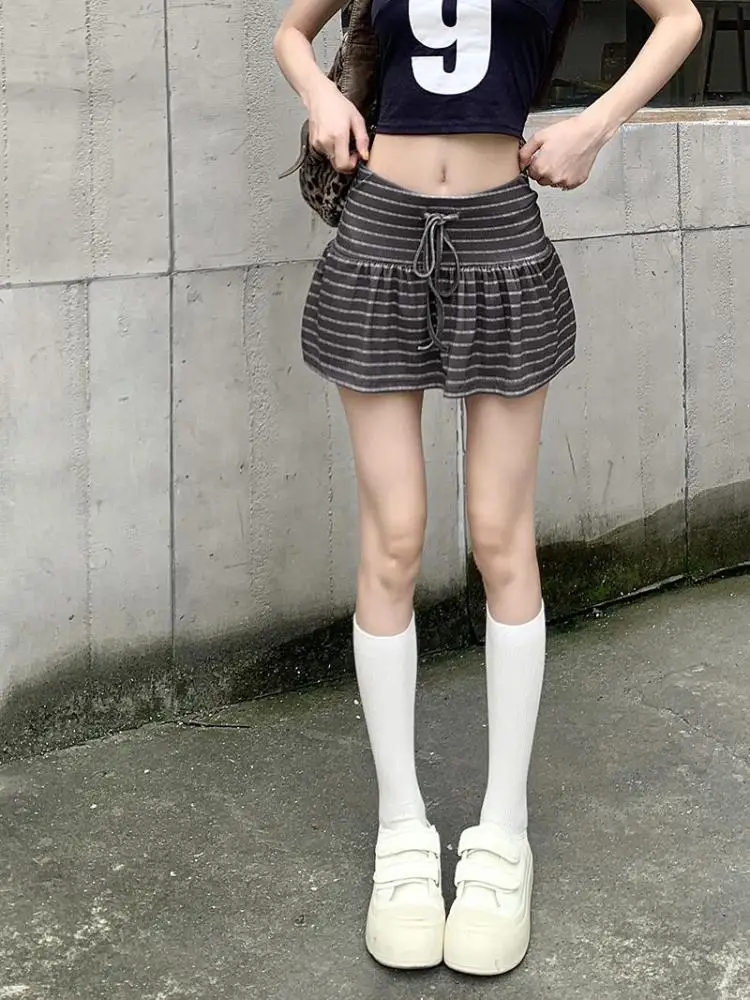 

Korean Fashion Women Brown Striped Sexy Drawstring Lace-up Pleated Mini Skirt Summer High Waist Slim Short Street Casual Popular
