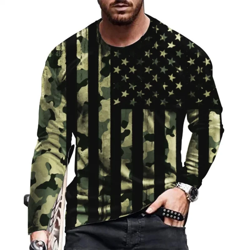 3D Printed USA National Flag T-Shirt For Men Eagle Animals Pattern Tees Spring Autumn Oversized T Shirts O-Neck Tops Long Sleeve image 5
