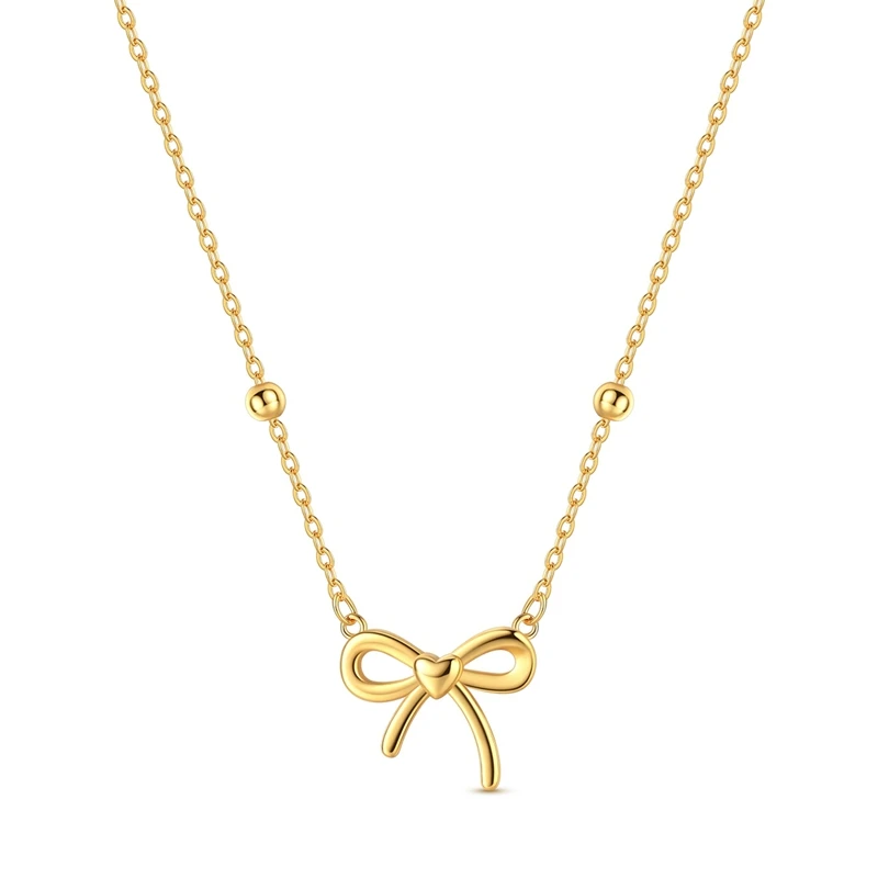 925 Sterling Silver Gold Plated Love & Romance Bow Heart Pendant Sweetness Necklace for Women Fashion Elegant Jewelry Gift