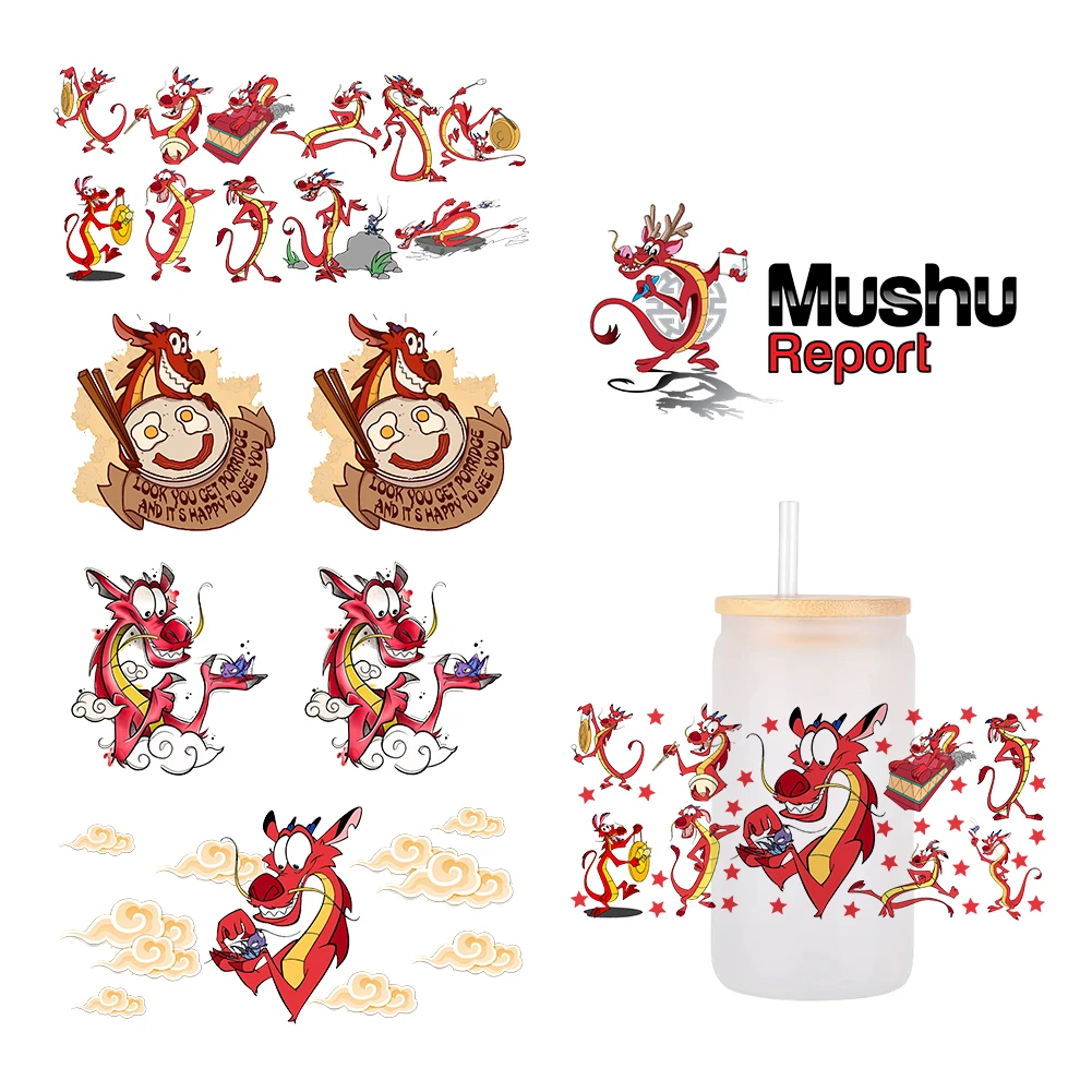 

Disney princess Mushu For Libbey 16oz Can Glass 3D Waterproof UV DTF Coffee Can Wrap Libbey Glass Wrap