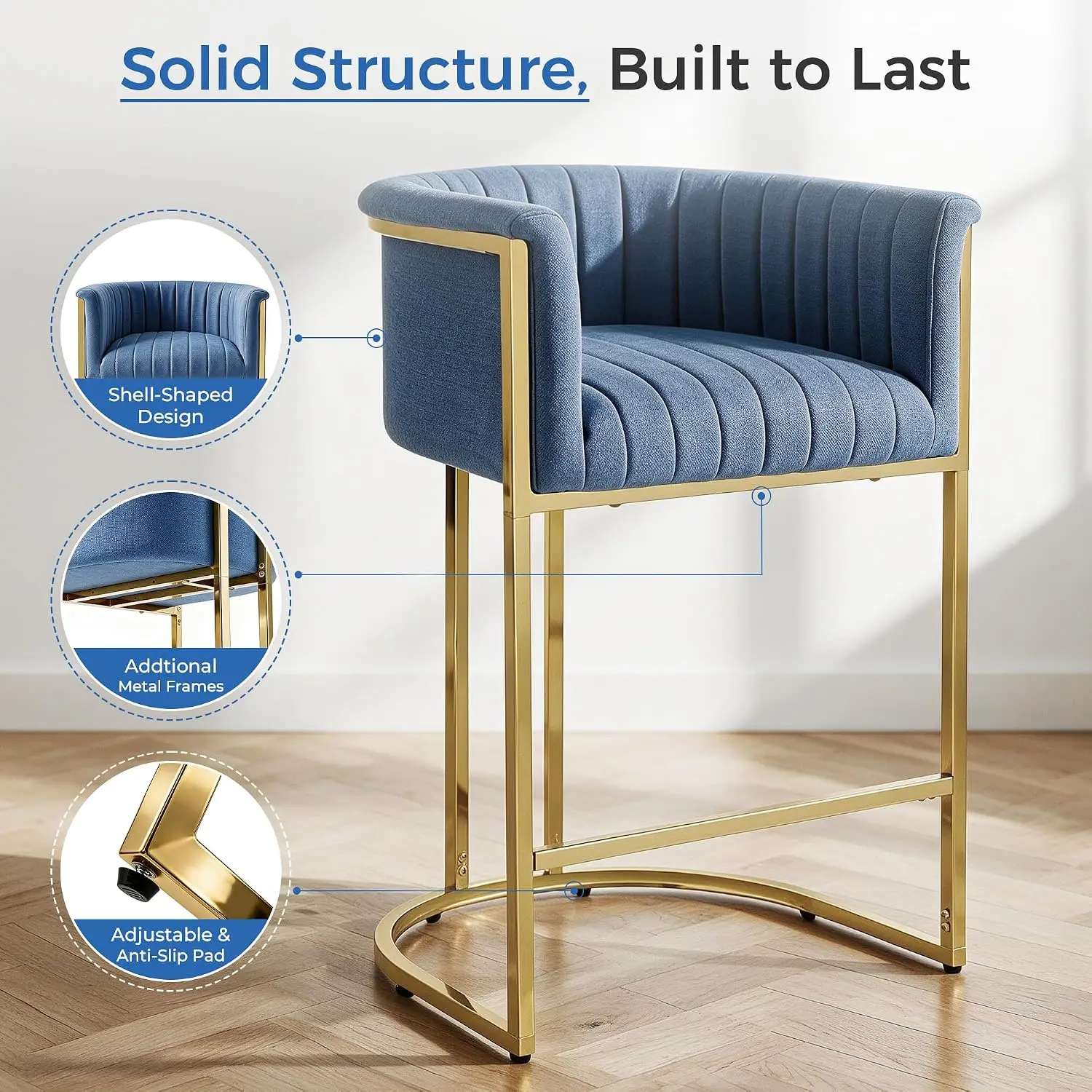26" Counter Height Bar Stools Modern Barrel Backrest Linen Upholstered Kitchen Island Gold Frame 450LBS Blue, Customized - view 5