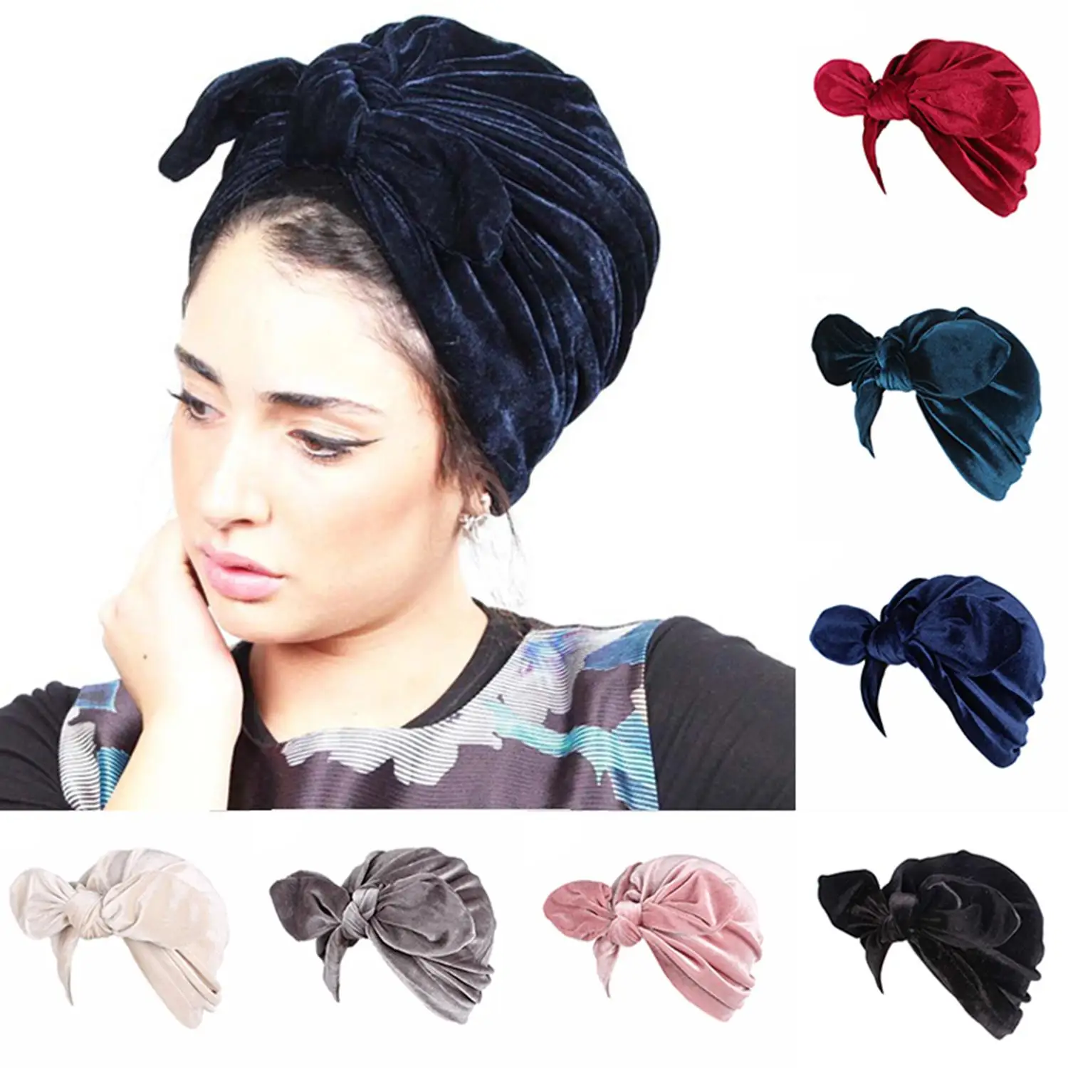 1PC Luxury Soft Velvet Turban Indian Winter Muslim Woman Pleated Bandana Cancer Chemo Head Wrap Hat Hair Loss Ladies Beanies New